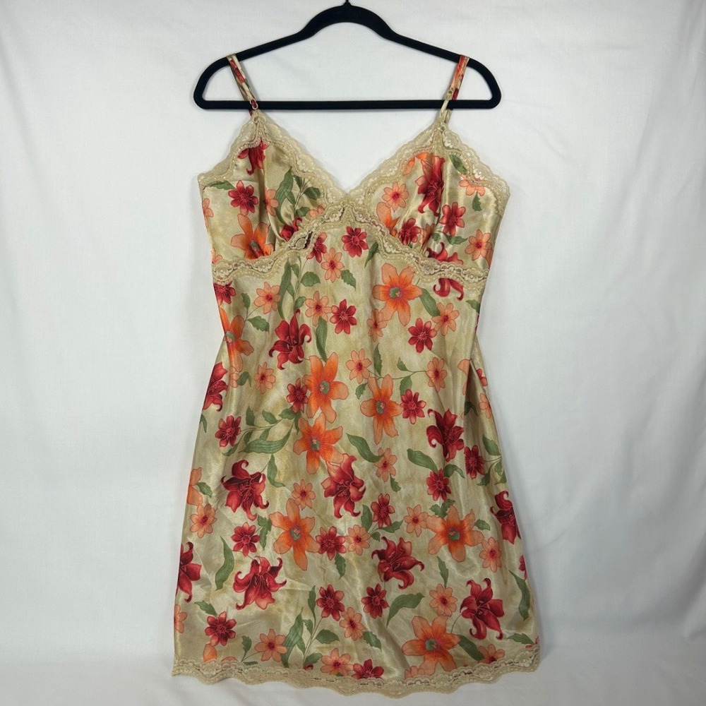 Gilligan & O'Malley Floral Satin Slip Nightgown Y2K Vintage Lingerie Size XL